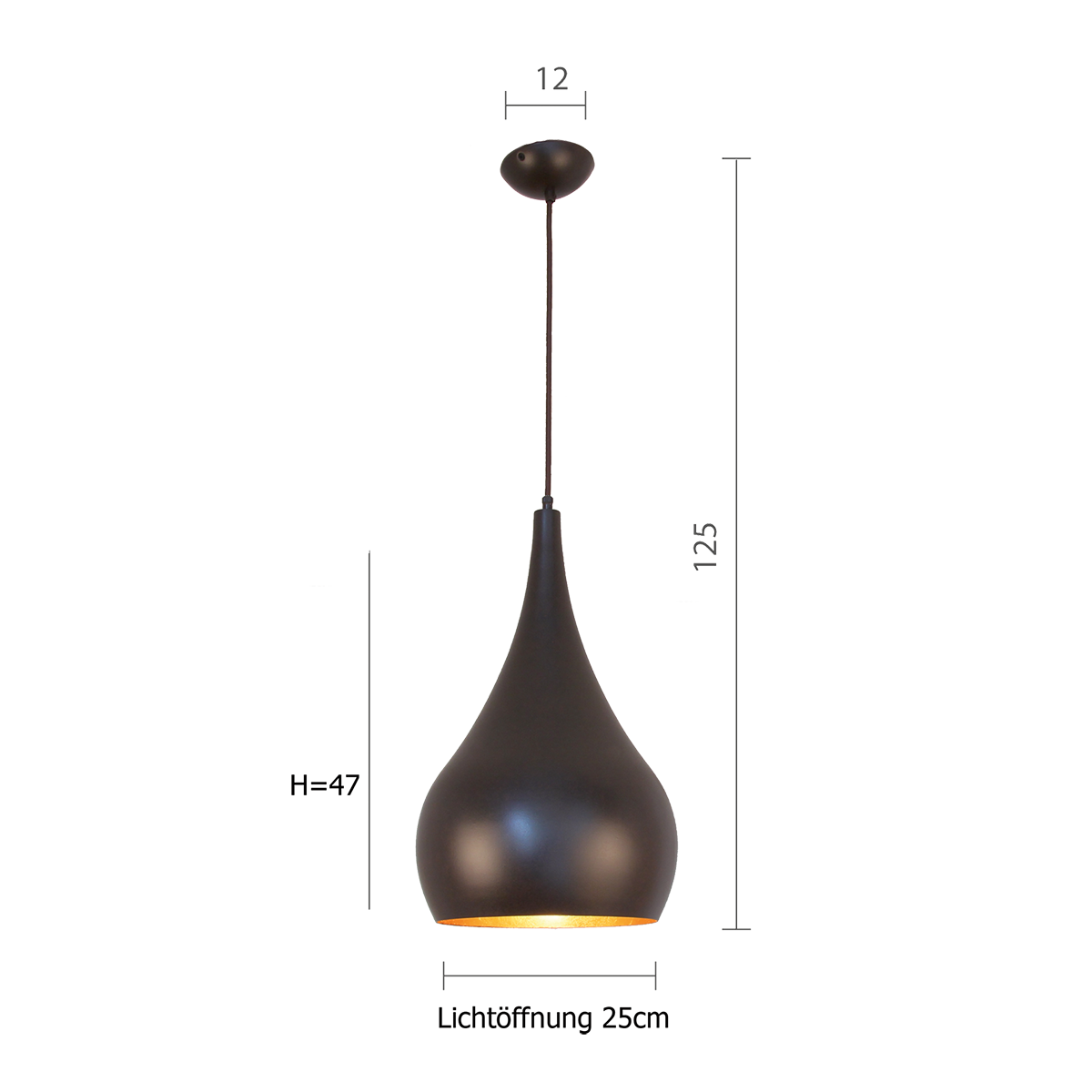 Solo Pendel Hängeleuchte E27 schwarz braun Innen Blattgold Form Zwiebel D=30cm Lichtöffnung 25cm mit Textilkabel