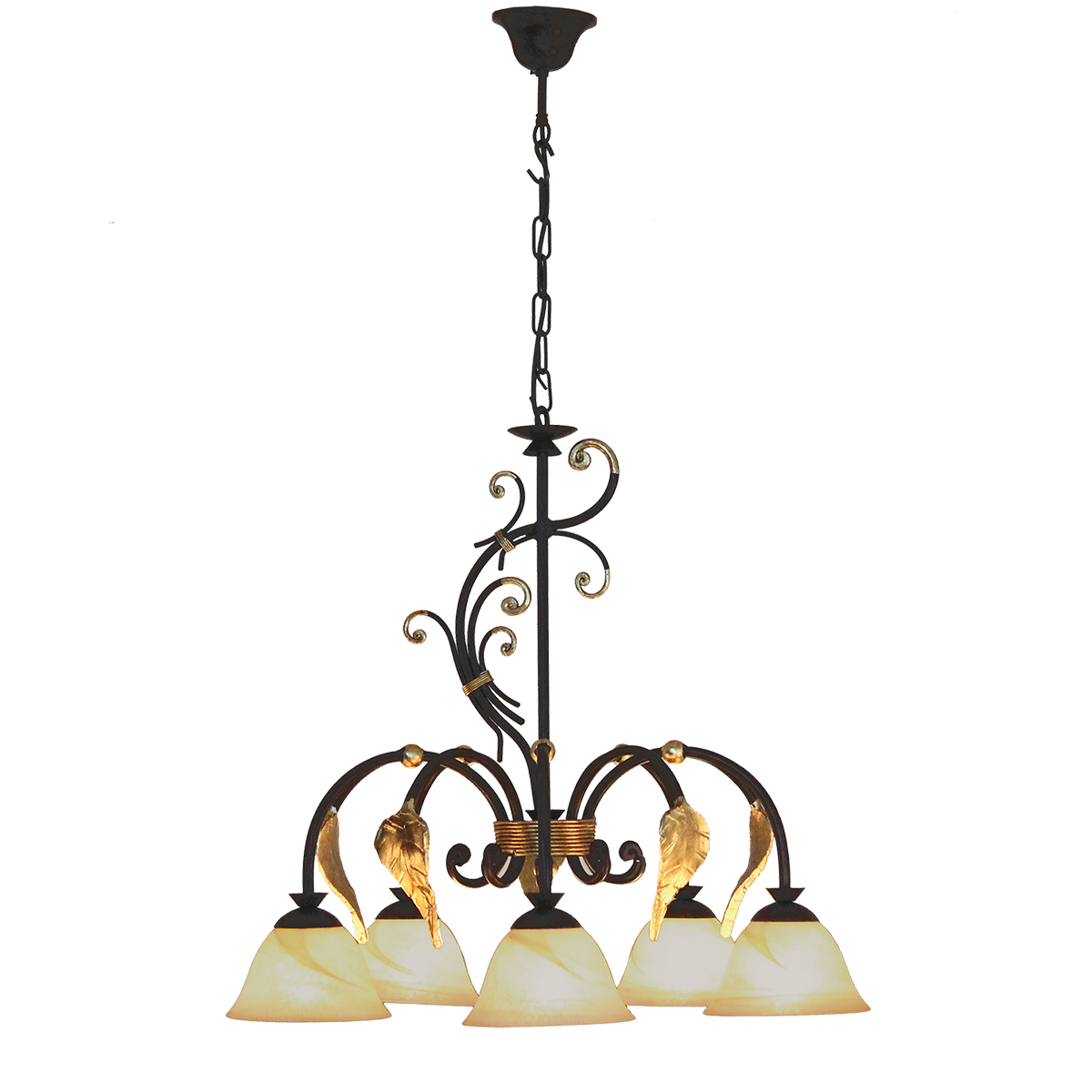 Krone Florentiener Art 6 flammig braun schwarz mit Blattgold Verzierung Lampenglas nach Wahl