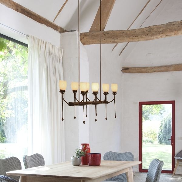 Menzel Chateau Hängeleuchte Balken 8 flammig E14 mit 4  LED Unterlichter Eisen geschmiedet braun schwarz mit Gläsern