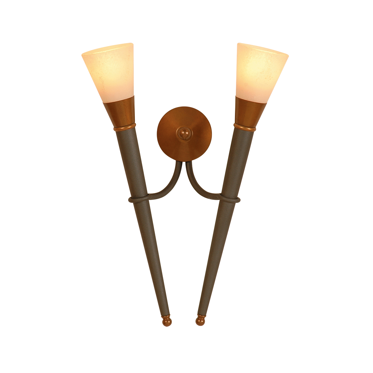 Menzel Stella Doppelfackel Wandleuchte klein H=45cm Eisen bleifarbig grau oder braun schwarz mit Messing Zierteilen Glas Scavo uni