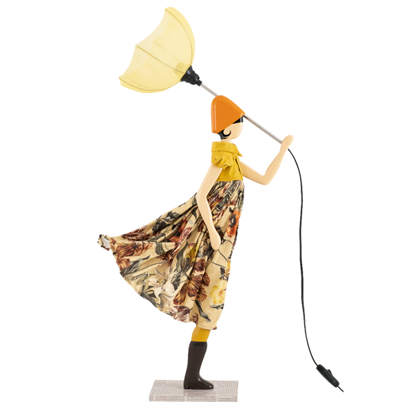 Tischleuchte "Annette" H=85cm, Holz und Textil, E14-Fassung, Schirm gelb, Kleidung gelb / Blumenmuster