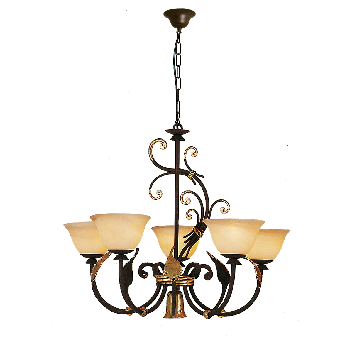 Menzel Krone handgeschmiedet 5 x E14, Glas nach Wahl, braun schwarz mit Blattgold , Florentiener Art