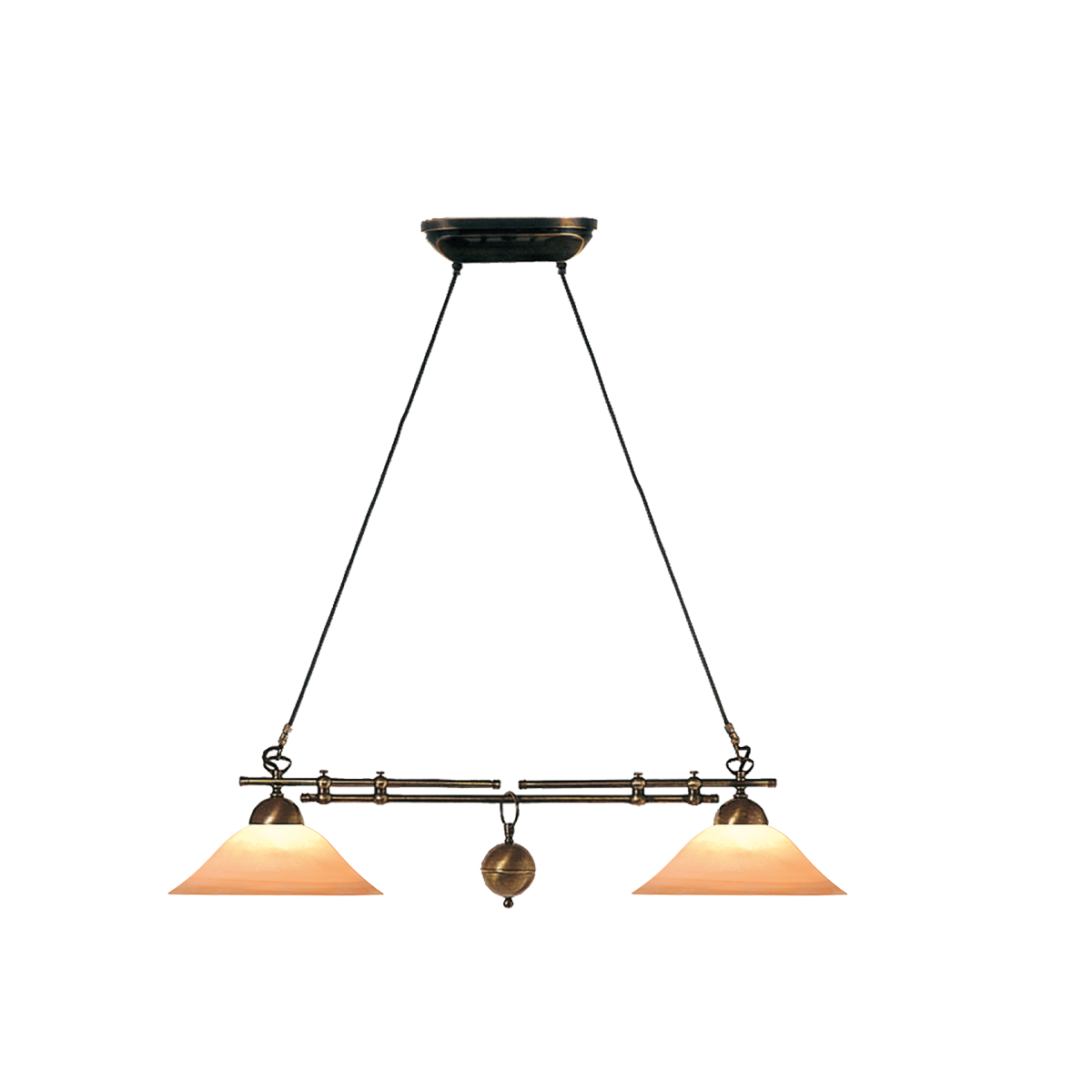 Anno 1900 Balken Esstisch Leuchte in der Breite verstellbar Messing brüniert oder gebürstet mit Rauchglas Scavo D=30cm Landhaus Chalet