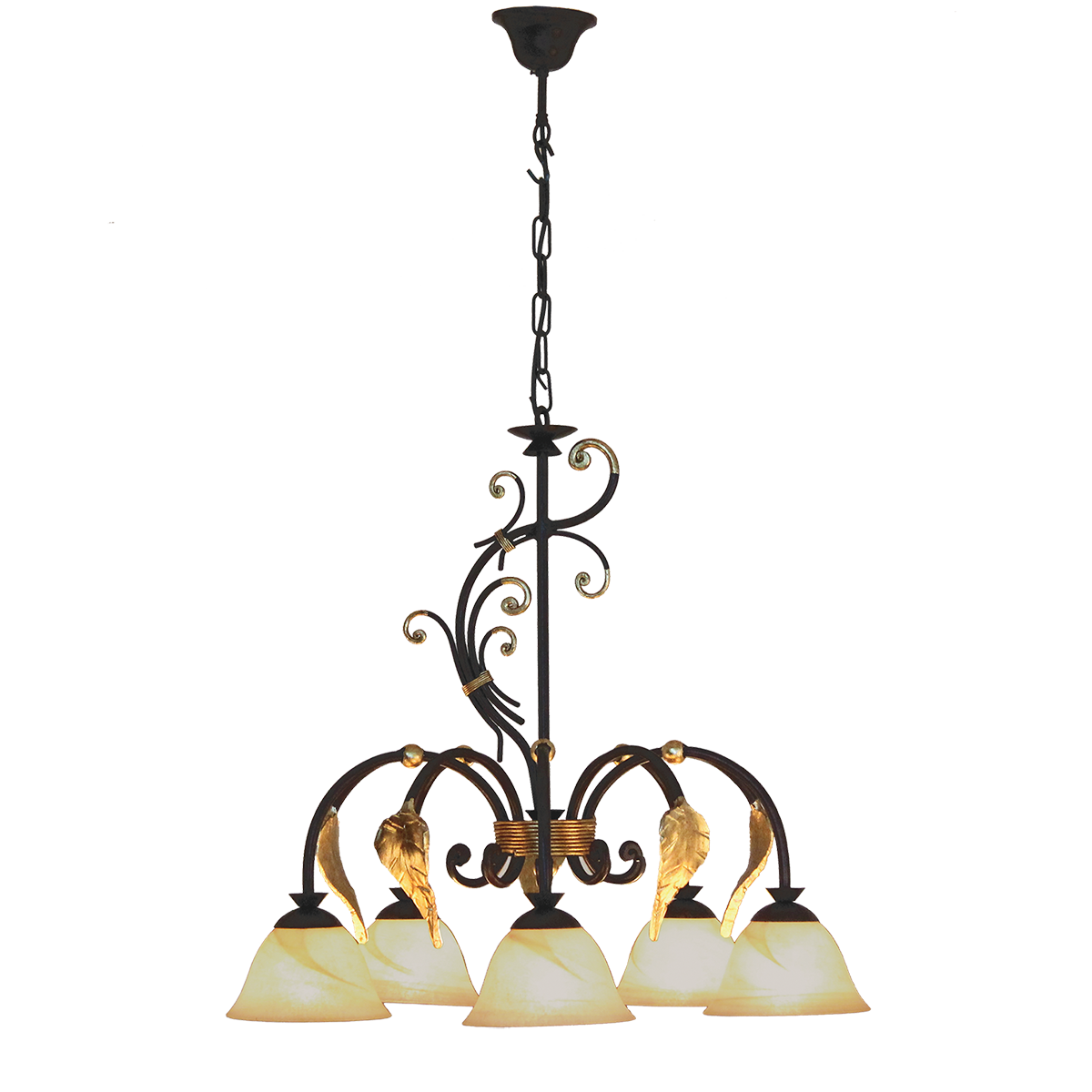 Menzel Krone handgeschmiedet 5 x E14, Rauchglas 17cm,  braun schwarz mit Blattgold , Florentiener Art