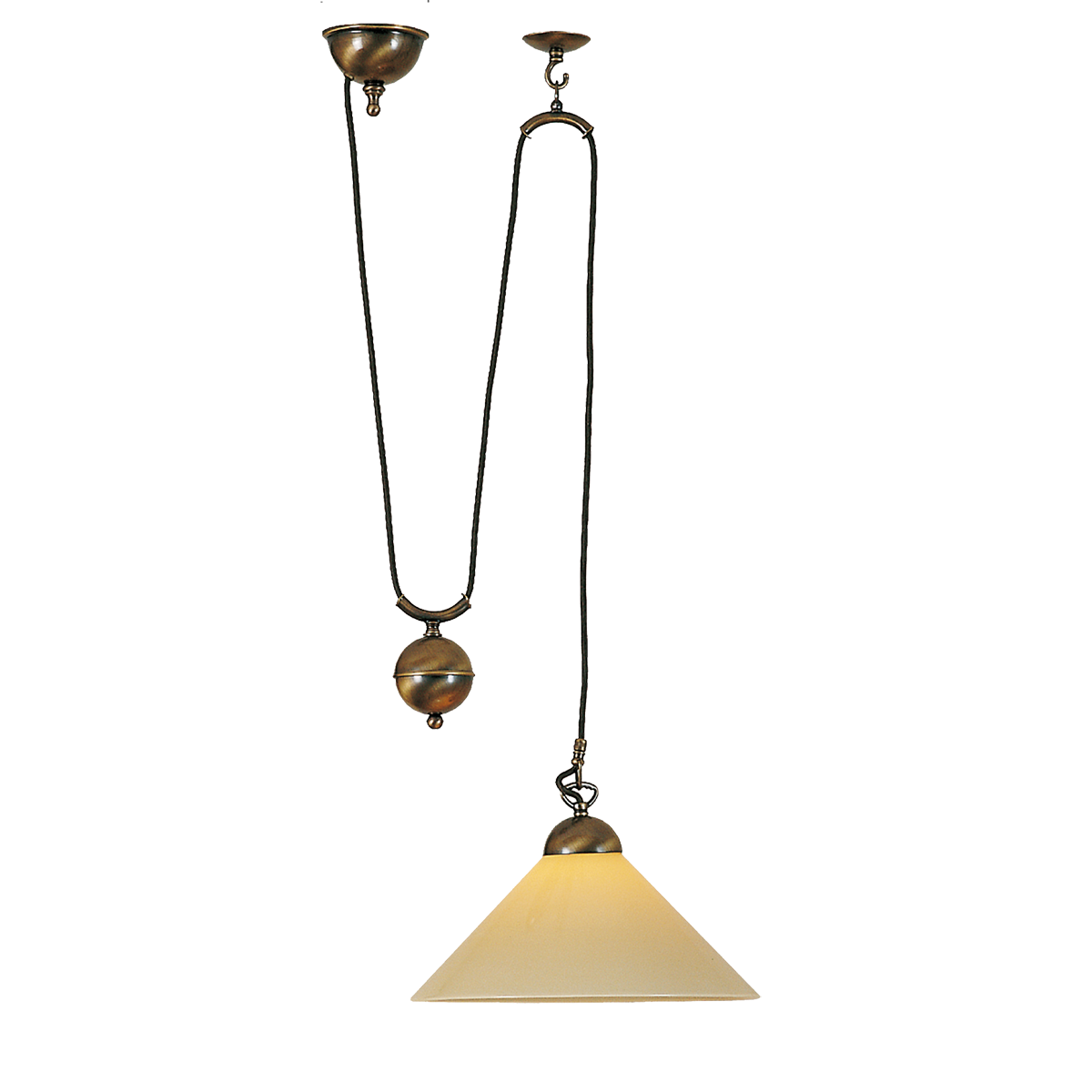 Anno 1900 Zugleuchte Esstisch Hängeleuchte in Messing variable Aufhängepunkte mit Lampenschirm Opalglas ambra