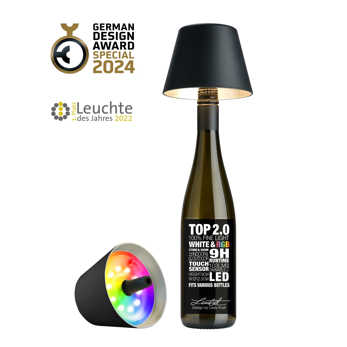 Sompex Top 2.0 Akkuleuchte, schwarz, Ø=12.5cm, 1.3W, 103lm, 2700 & 3000K, RGB