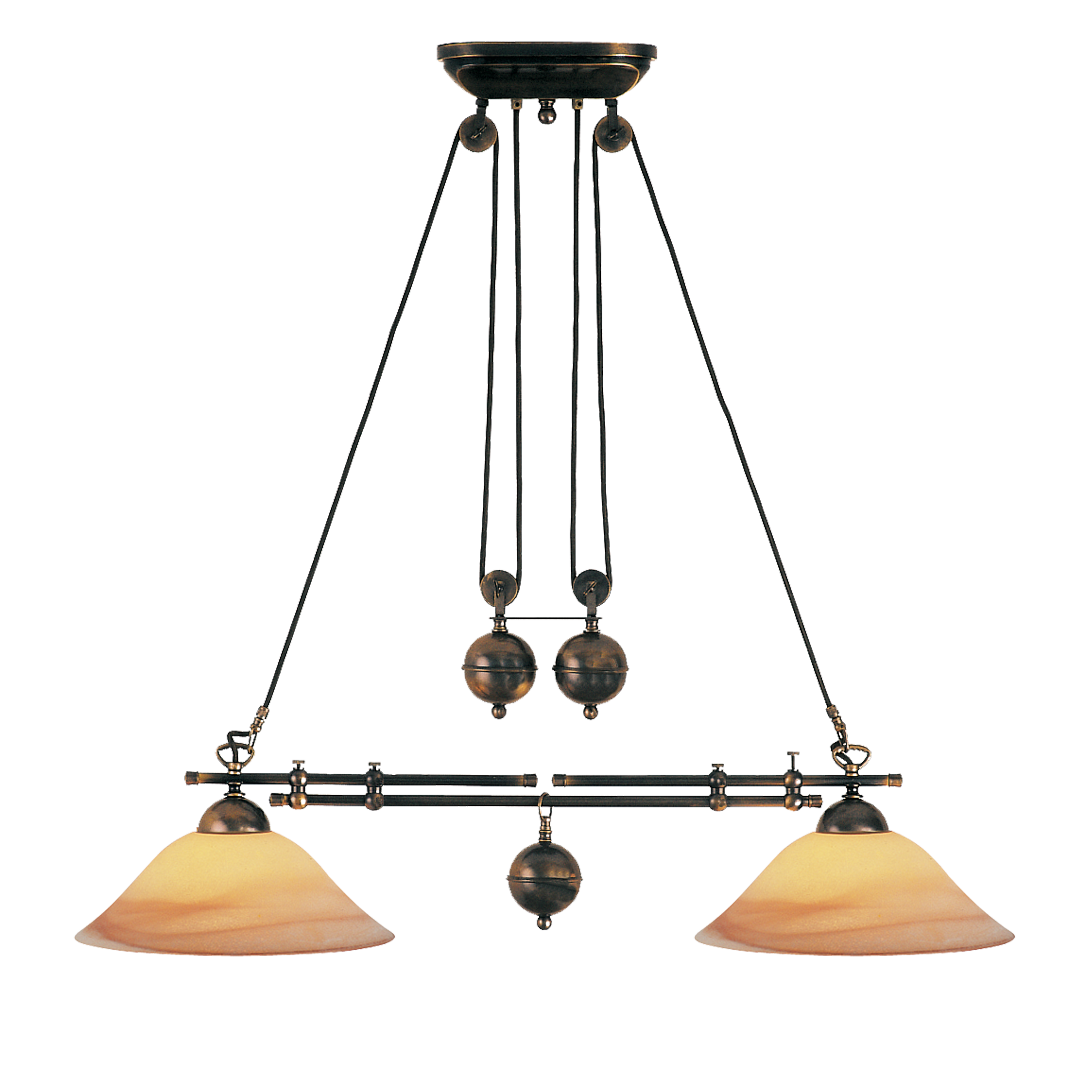 Anno 1900 Zugleuchte Esstisch Hängeleuchte in Messing ist in Höhe und Breite verstellbar Lampenschirm in Rauchglas