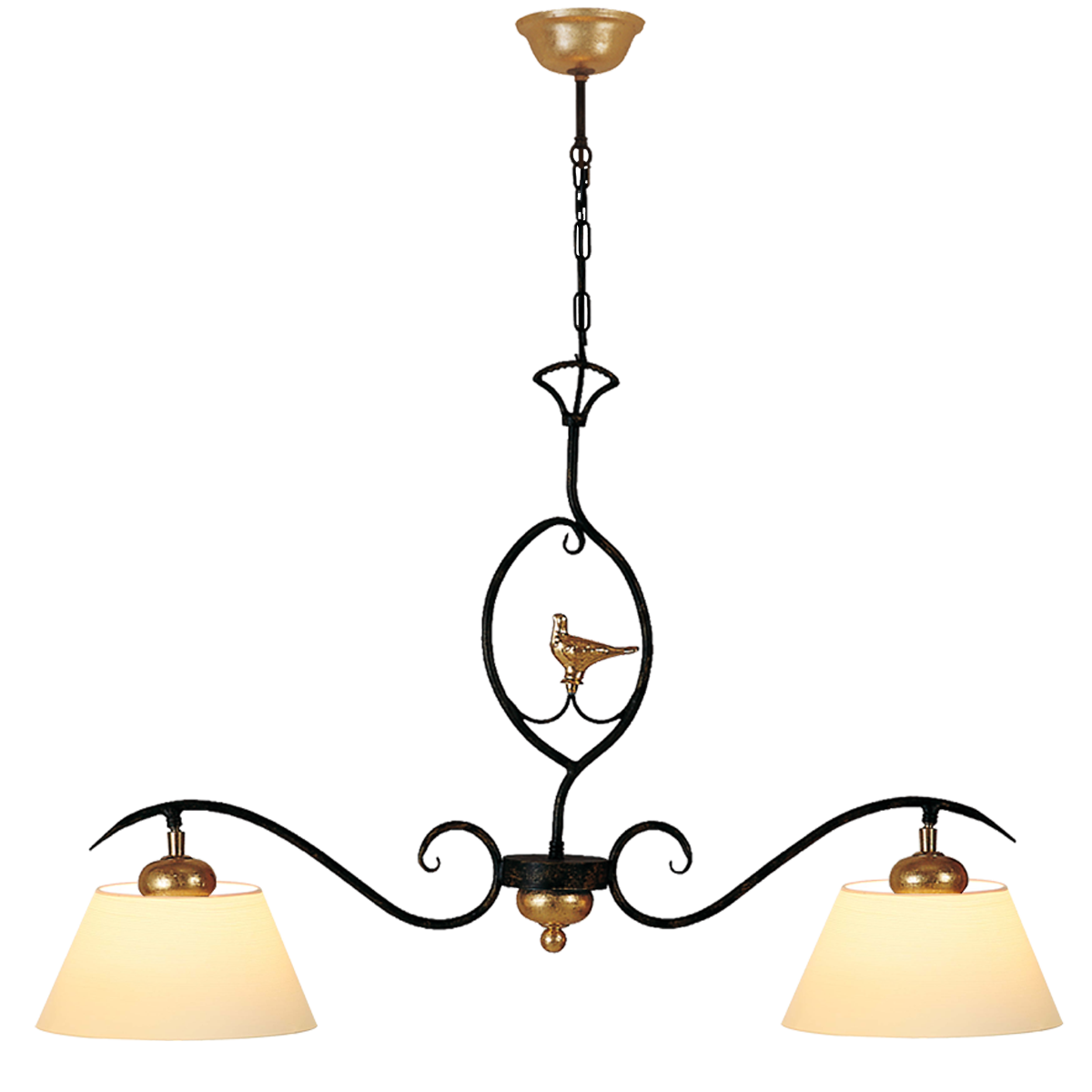 Menzel Provence Romantik Hängeleuchte B=96cm für den Esstisch länglich 2 x E27 Eisen Keramik mit Lampenschirm in Strichlack