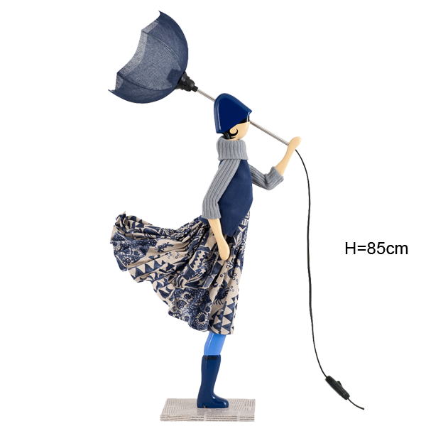 Tischleuchte "Umi", H=85cm, E14 Fassung, Schirm dunkelblau, Kleidung dunkelblau & hellgrau