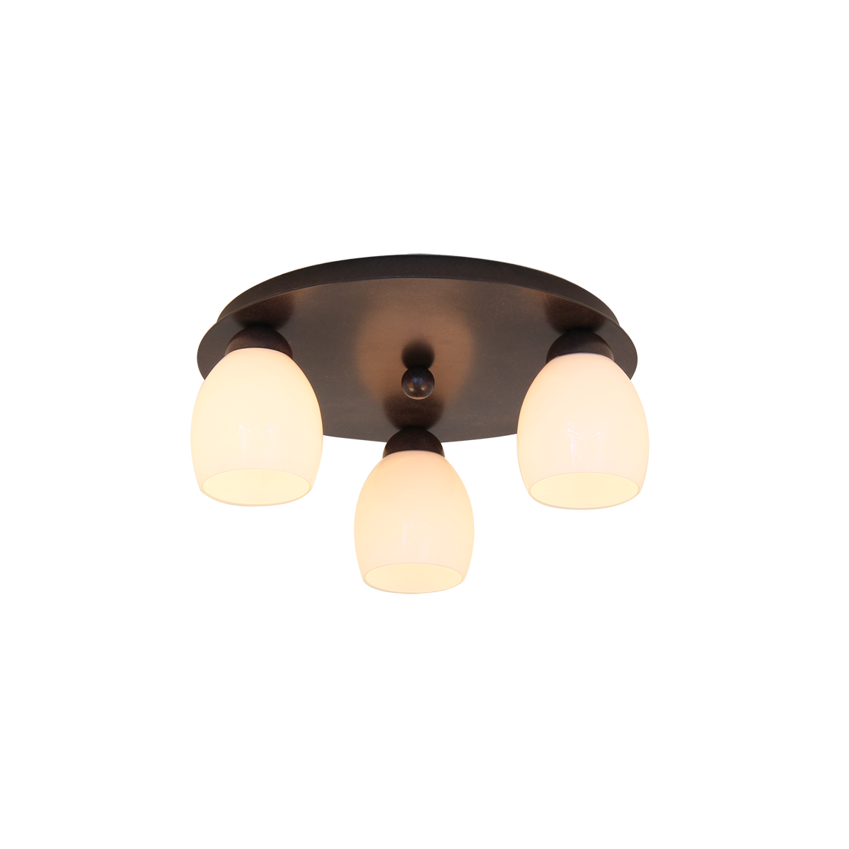 Menzel Pusta Deckenleuchte rund D=35cm Platte braun schwarz mit drei einzelnen Opal oder Scavo Gläser D=8cm für das Chalet