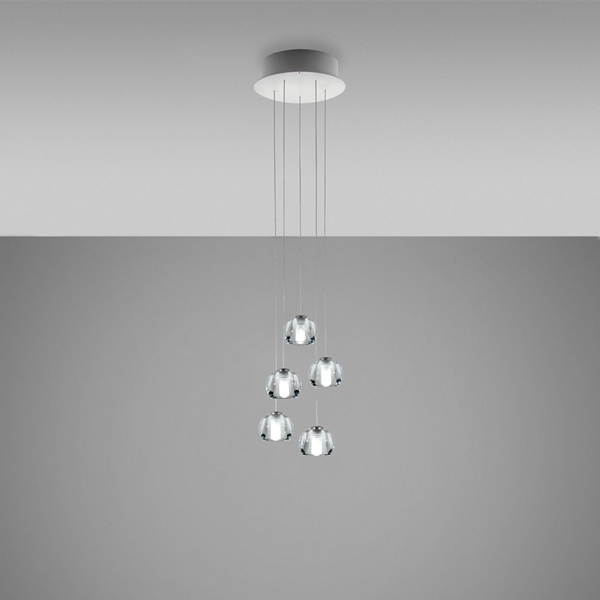 Fabbian Hängeleuchte "Beluga", 5 runde Leuchtkörper aus Kristallglas, LED-Technik, 5x 2 Watt, 3000 Kelvin, Metall-Baldachin inklusive