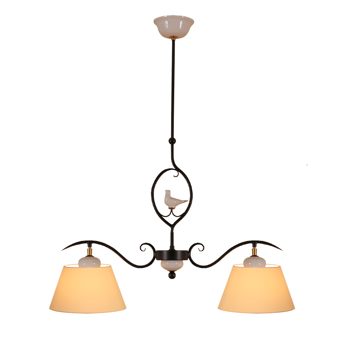 Provence Romantik Hängeleuchte B=79cm für den Esstisch länglich 2 flammig Eisen Keramik mit Lampenschirm in Chitz oder Leinen
