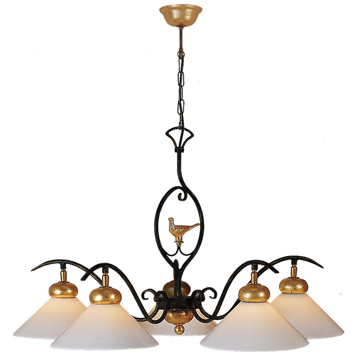 Provence Romantik Hängeleuchte Krone 5 flammig für den runden Esstisch Eisen Keramik mit weißem Opalglas