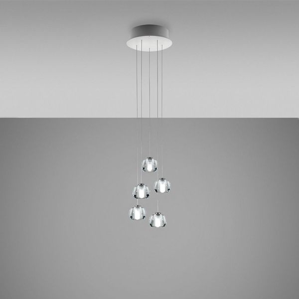 Fabbian Hängeleuchte "Beluga", 5 runde Leuchtkörper aus Kristallglas, LED-Technik, 5x 2 Watt, 3000 Kelvin, Metall-Baldachin inklusive Fabbian Hängeleuchte "Beluga", 5 runde Leuchtkörper aus Kristallglas, LED-Technik, 5x 2 Watt, 3000 Kelvin, Metall-Baldachin inklusive