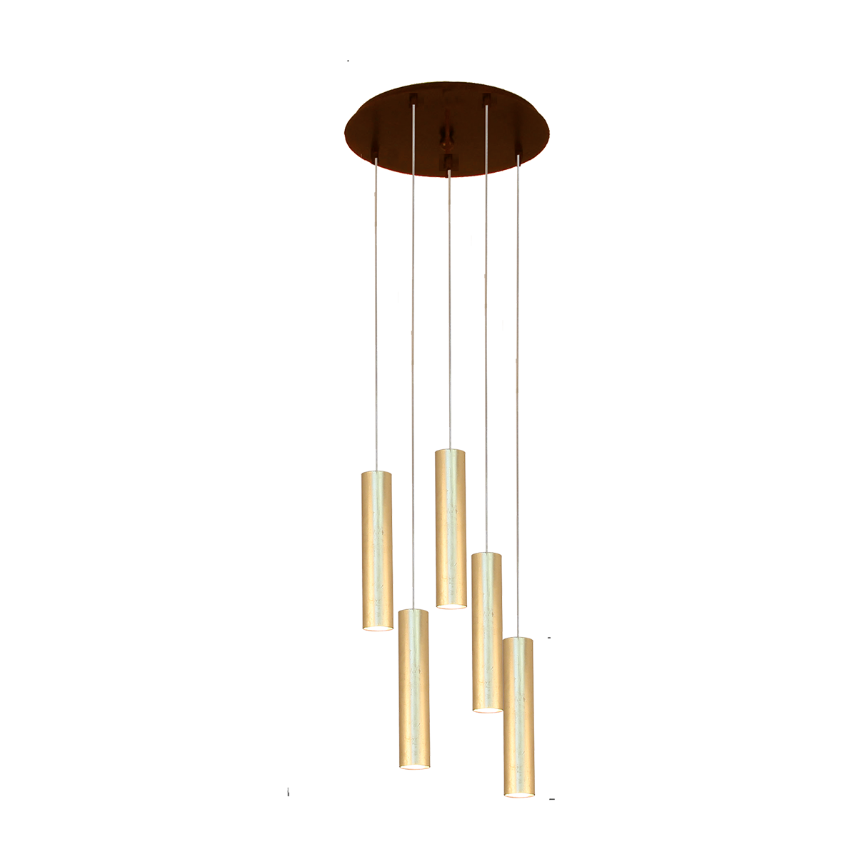 Menzel SOLO  Hängeleuchte Gehänge D=35cm mit 5 Pipe's D=6cm GU10 in Blattgold rund angeordnet