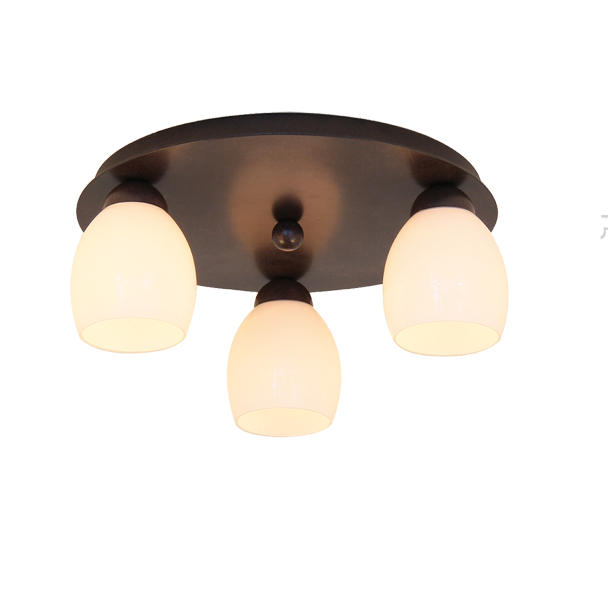 Menzel Pusta Deckenleuchte rund D=50cm Platte braun schwarz mit drei einzelnen Opalgläser weiß D=8cm für das Chalet