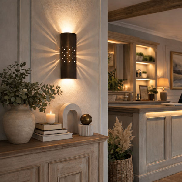 Menzel SOLO Wandleuchte E27 up & down mit schönem Lichtbild durch die Löcher im Mantel braun schwarz für das Landhaus