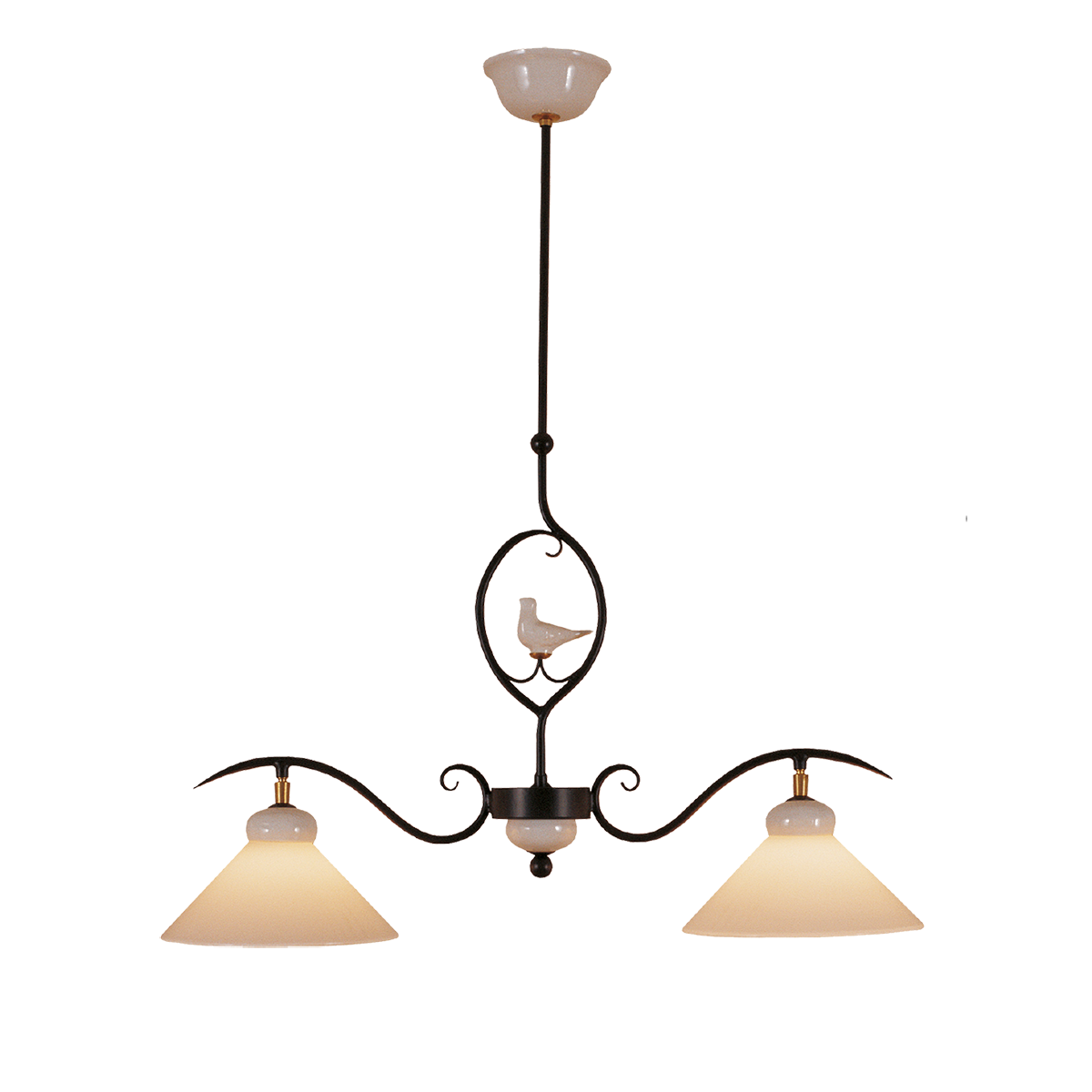 Menzel Provence Romantik Hängeleuchte B=79cm für den Esstisch länglich 2 flammig Eisen Keramik mit Opalglas weiß für das Landhaus