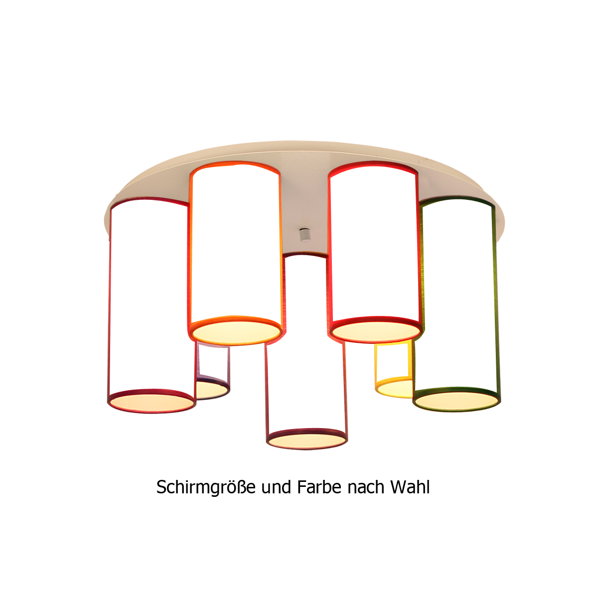 Menzel Deckenleuchte Flair rund 50cm 7 kleine Lack Lampenschirme E14 in Tonnenform auf runder weißer Platte für das Chalet Menzel Deckenleuchte Flair rund 50cm 7 kleine Lack Lampenschirme E14 in Tonnenform auf runder weißer Platte für das Chalet