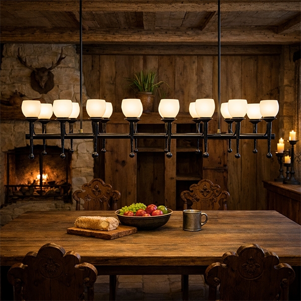 Menzel Chateau Hängeleuchte Balken 12 flammig E14 mit LED Unterlicht Eisen geschmiedet braun schwarz mit Gläsern