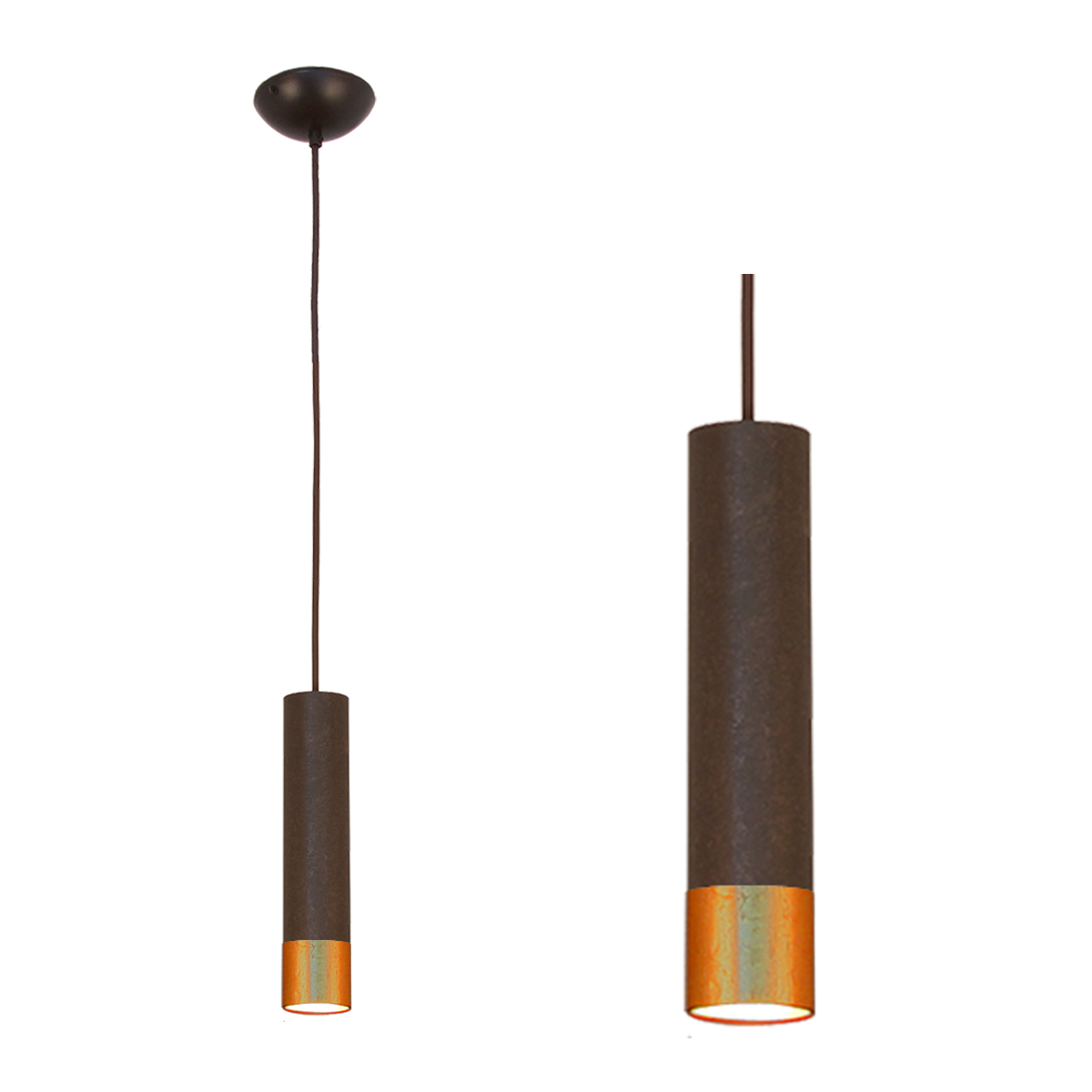 Menzel SOLO Pendel Pipe6, GU10 schwarz braun mit Blattkupfer Rand, Innen gold lackiert,Textilkabel
