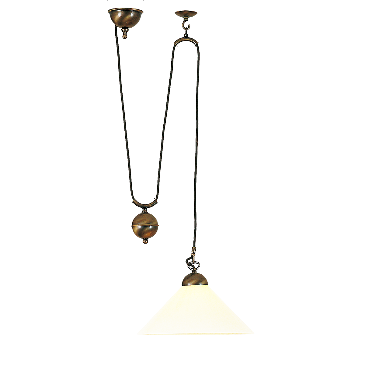 Menzel Anno 1900 Zugleuchte E27, Opalglas 35cm, Messing brüniert oder satiniert Menzel Anno 1900 Zugleuchte E27, Opalglas 35cm, Messing brüniert oder satiniert
