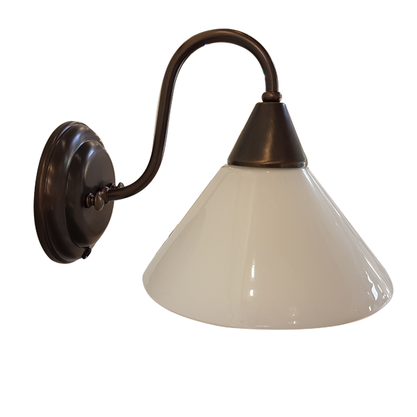 Wandleuchte E14, Messing brüniert mit Zugschalter, Glas Opal weiß GF20