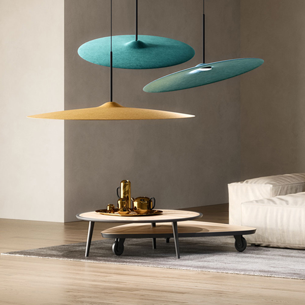 Fabbian Hängeleuchte Akustikleuchte aus anodisiertem Aluminium, D= 90cm, 18 Watt-LED, 2054 Lumen, 2700 Kelvin, honigfarbener Schirm in Schlagzeugbecke