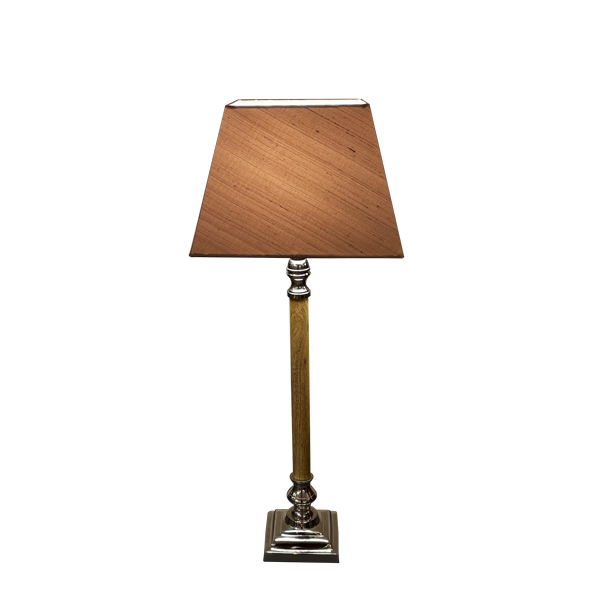 Menzel Aurelia 48, runder Sockel, Chrom / Holz Stab mittel braun, Schirm Seide Farbe nach Wahl