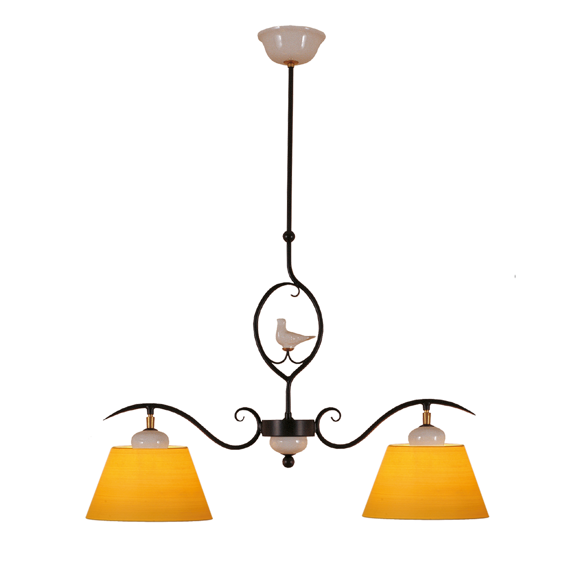 Menzel Provence Romantik Hängeleuchte B=79cm für den Esstisch länglich 2 flammig Eisen Keramik mit Lampenschirm in Strichlack
