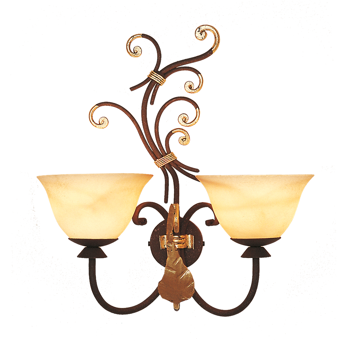 Menzel Florence Wandleuchte E14, Glas nach Wahl, Schmiedeeisen braun schwarz mit Blattgold Verzierung