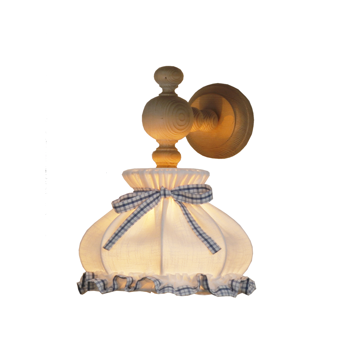 Menzel Landhaus Wandleuchte 22, hell gebeizt mit Stoffschirm Leinen weiß, Deko Karo weiß blau
