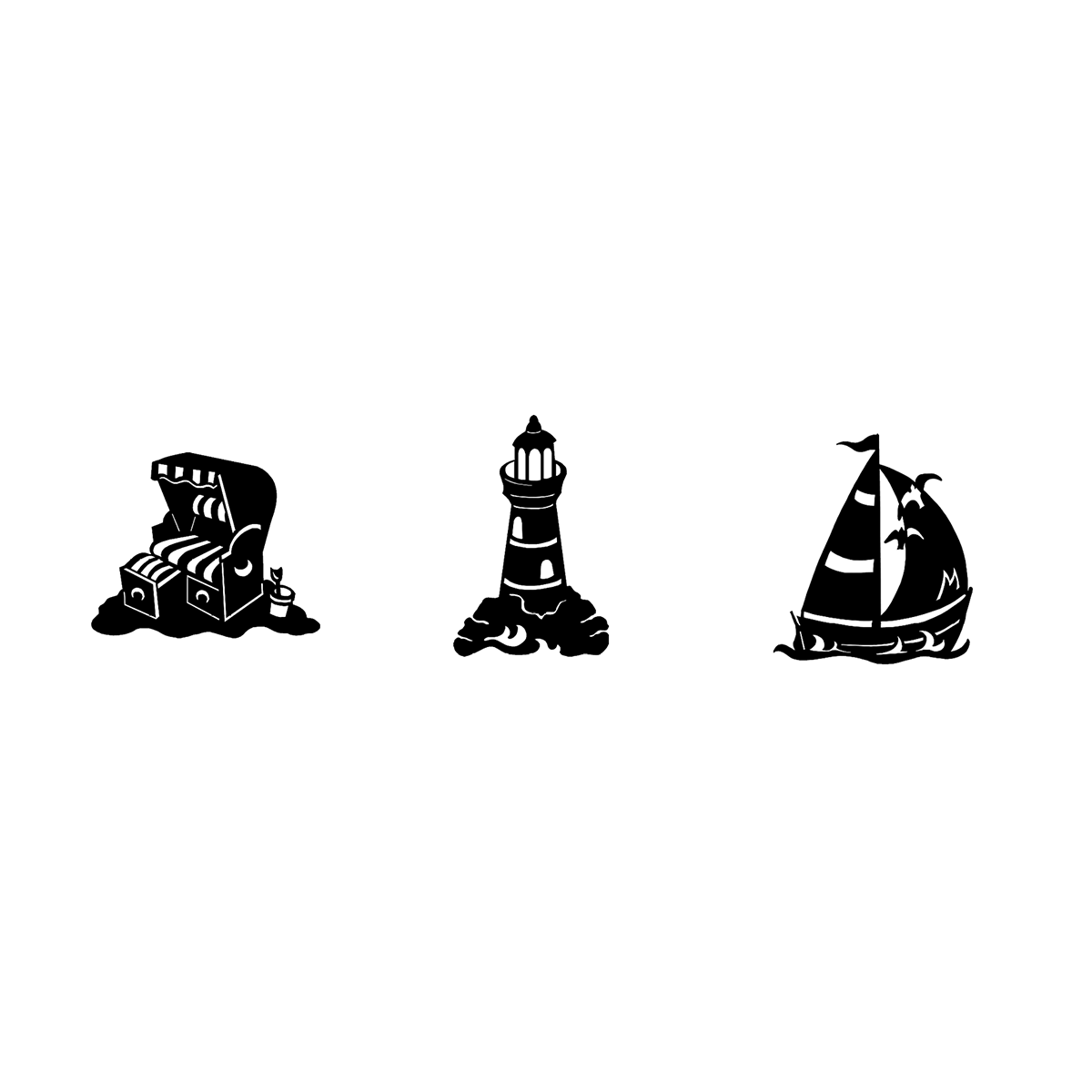 Motivgruppe Küste A3: Segelboot, Leuchtturm und Strandkorb