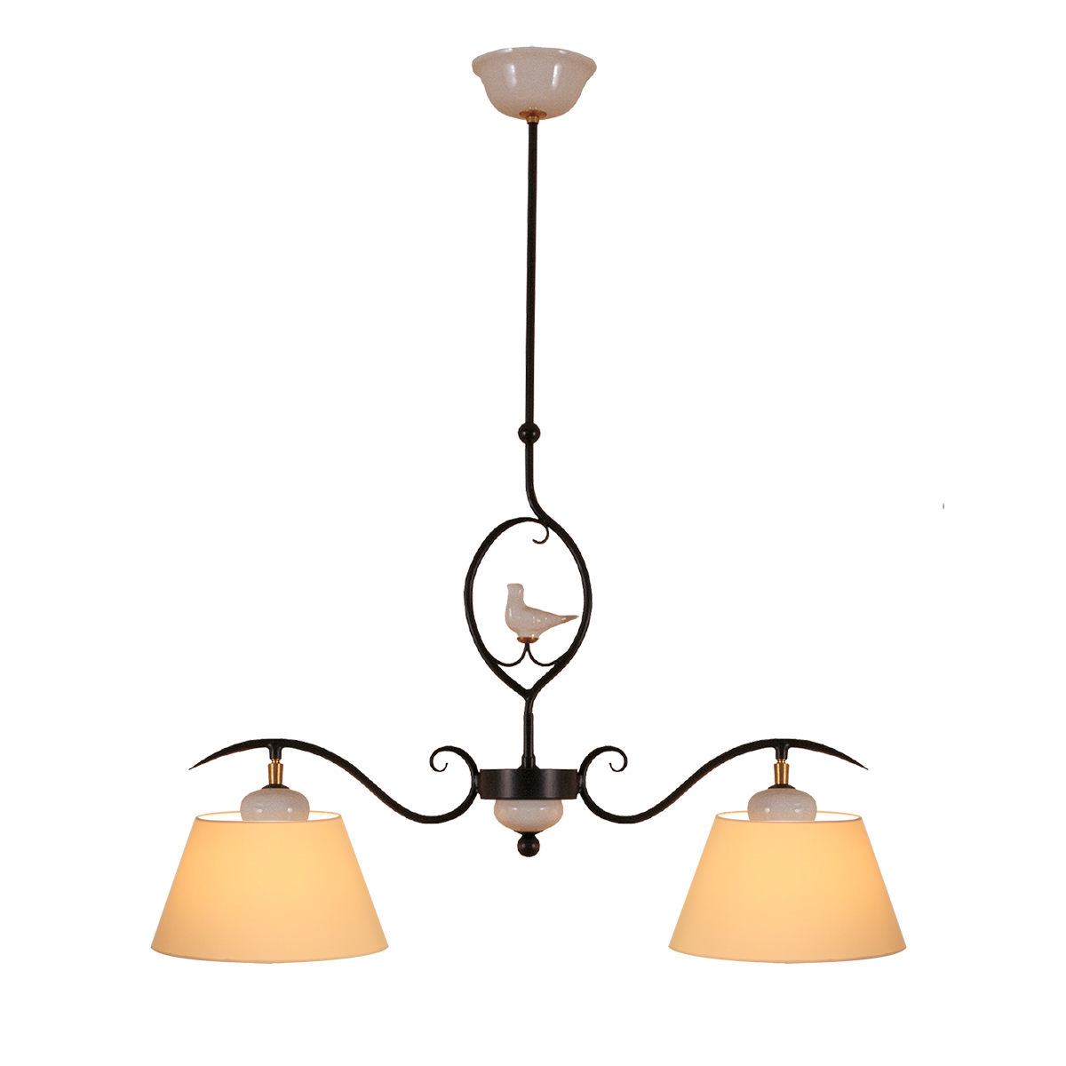 Menzel Provence Romantik Hängeleuchte B=79cm für den Esstisch länglich 2 flammig Eisen Keramik mit Lampenschirm in Chitz oder Leinen