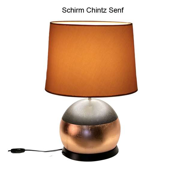 Menzel SOLO Tischleuchte Kugel H=45cm, E27, Eisen Blattkupfer in Kombination mit braun-schwarz getupft, incl. Schirm Chintz D=35cm