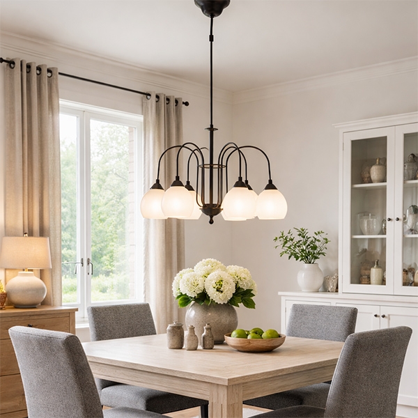 Krone rund 6 x E14, braun-schwarz getupft, Textilkabel braun, Gläser GTUM8