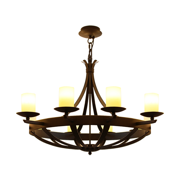 Menzel Pusta schwere imposante Krone  D=115cm, Hmin=66cm, 8 x E14, Eisen braun-schwarz Glas Opal Champagner