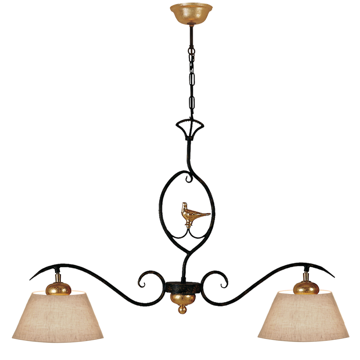 Provence Romantik Hängeleuchte B=96cm für den Esstisch länglich 2 flammig Eisen Keramik mit Leinen Lampenschirm für das Landhaus